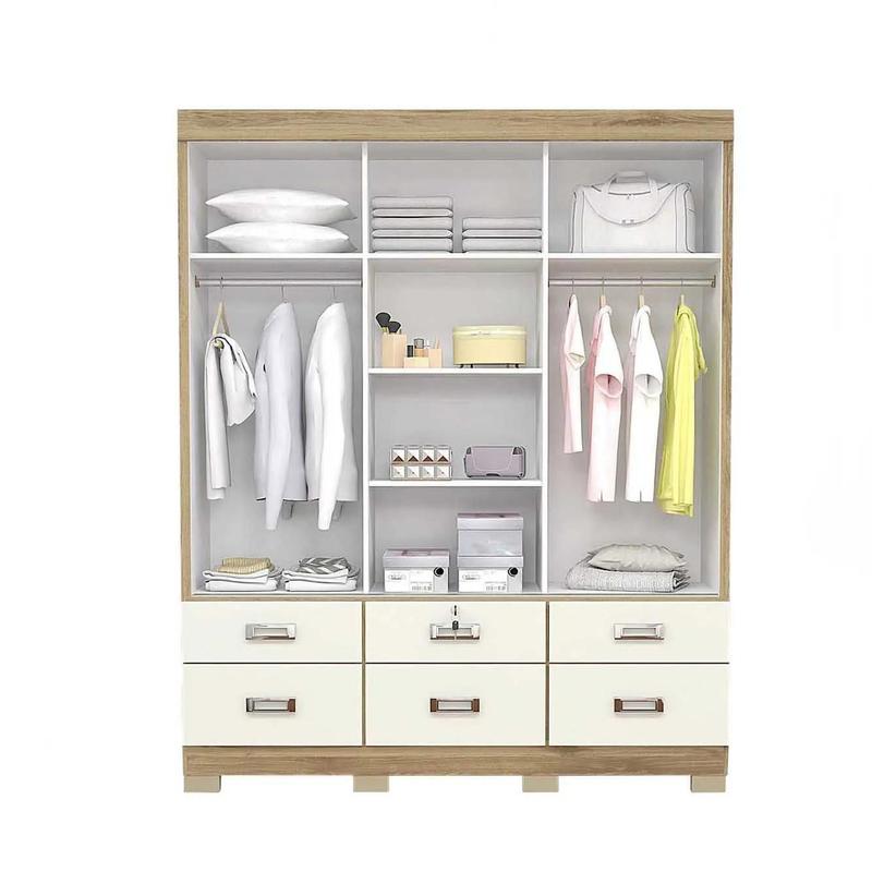 Guarda roupa casal samba 3 portas de correr c/ 2 espelho e 6